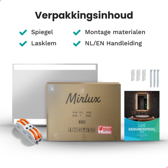 Mirlux Badkamerspiegel met LED Verlichting & Verwarming – Wandspiegel Rechthoekig– Anti Condens Douchespiegel - 90x65CM
