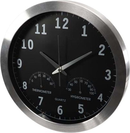 Perel Wandklok, rond, analoog, 35,5 cm, radiogestuurde tijdsaanduiding (DCF), met thermometer en hygrometer, aluminium, zilver