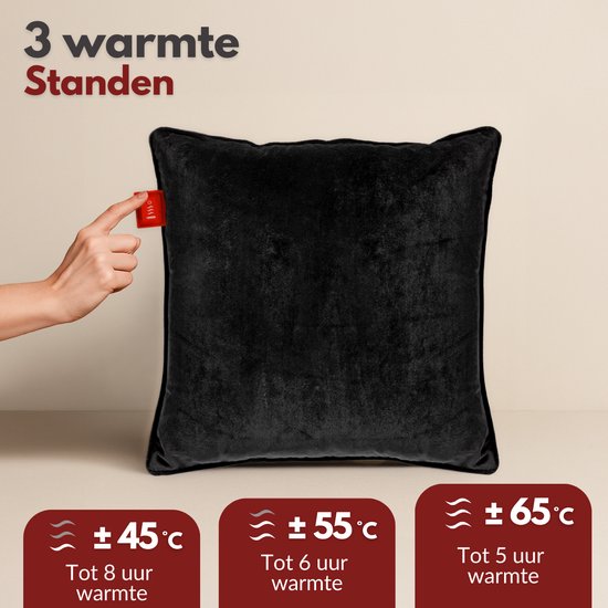 Coozie Oplaadbaar Warmtekussen – Draadloos & Bedraad – 45–65°C – Velvet – 45 x 45 cm – Zwart – Elektrisch Kussen – Incl. Powerbank – Tot 8 uur warmte