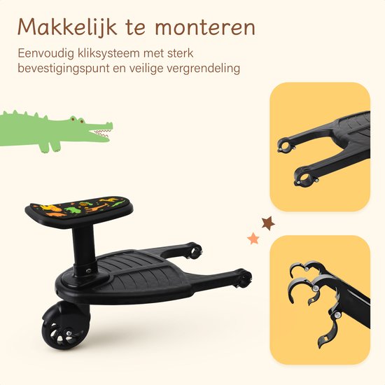 Safari meerijdplankje - Single Wheel - Voor Horizontale As minstens 23 cm - Diameter max. 2,5 cm - Zwart Kunststof & Metaal - Wendbaar & Universeel - Ideaal voor Peuters
