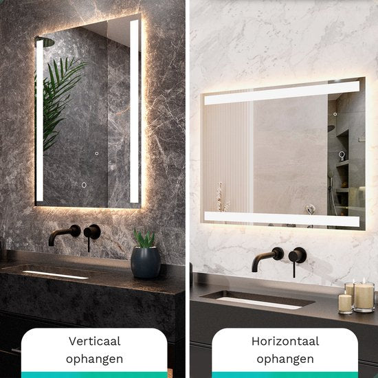 Mirlux Badkamerspiegel met LED Verlichting & Verwarming – Wandspiegel Rechthoekig– Anti Condens Douchespiegel - 90x65CM