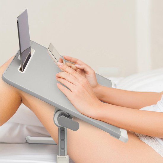 LifeGoods Laptoptafel - Laptopstandaard - Inklapbaar en Verstelbaar - Schoottafel met Tablethouder en Boekenstandaard - Bank, Bed, Schoot, Tafel - Wit / Grijs