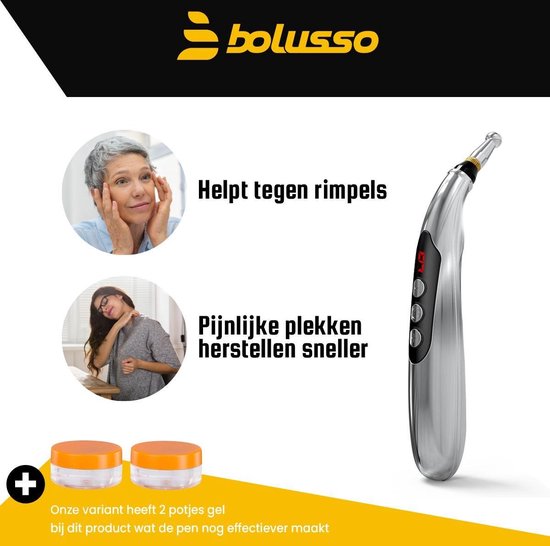 Bolusso Complete Acupunctuur Pen Set – Inclusief 5 Kopstukken, Nederlandse Handleiding – Massage Pen en Hulpmiddel – Oplaadbaar - Inclusief Gel Potjes