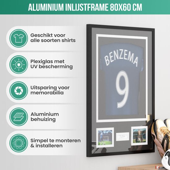 Avalo Wissellijst Aluminium - Inlijsten Voetbal Shirt - 3D Box Frame - 60x80 CM - Zwart - Diepe lijst - Shirt Inlijsten In Fotolijst