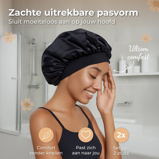 Nuvance Bonnet Satijn - Set van 2 Stuks - Satijnen Slaapmuts Verstelbaar - Satin Bonnet - Unisex - Zwart