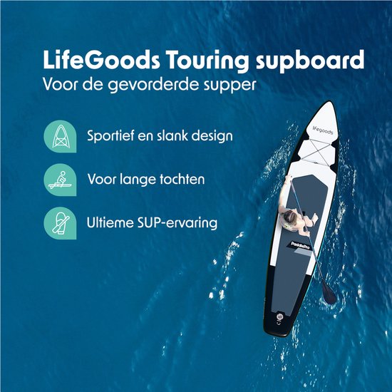 LifeGoods SUP Board Touring - 165 KG Draagkracht - 365 x 76 cm - Opblaasbaar - Compleet Sup pakket - Wit/Zwart