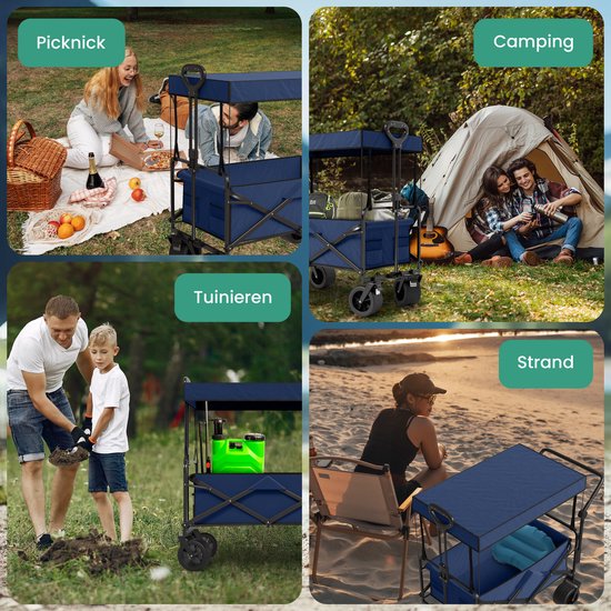 Avalo Bolderkar Met Dak XL Opvouwbaar - Tot 110KG Draagvermogen - 120L - 97x60x105 CM - 360º Wielen - Bolderwagen / Bolderkarren / Strandkar / Trekkar / Plooibare Bolderkar - Voor Strand - Blauw