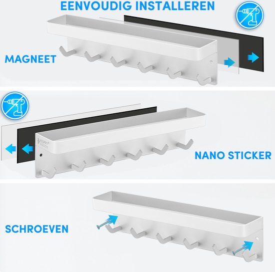 Happy Goods® Sleutelrekje Wit - Sleutelkastje voor Binnen - Zelfklevend - Sleutelhouder - RVS - Sleutel Organizer - Sleutelbord Modern - Sleutelrek inclusief Schroeven - Sleutelkastjes