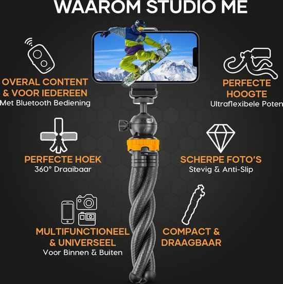 Studio ME Telefoon Statief - 25 cm - Tripod Smartphone - Flexibel - Camera Statief - Zwart - Gorillapod - Telefoonhouder - Incl. Bluetooth Afstandsbediening - Tripod Iphone - Statief Telefoon