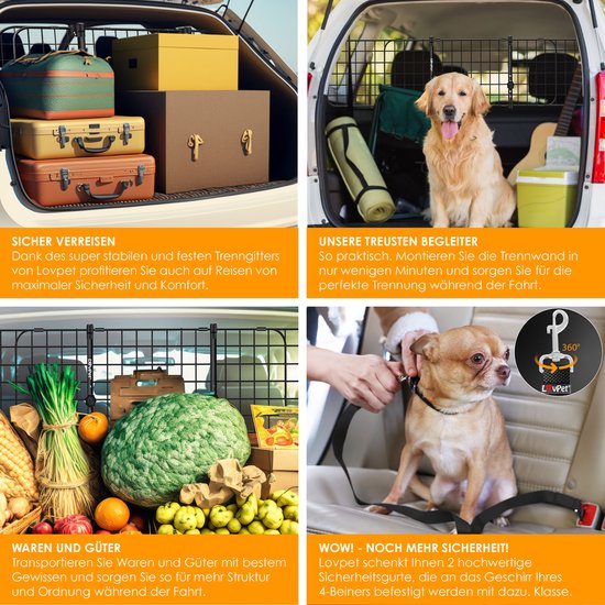 LovPet® Hondenrek Auto, Universele Auto Afscheiding, Verstelbare Breedte, Hoofdsteun Bagagerek Kofferbak Bescherming Afmetingen HxB 30 x 91-153 cm , + 2x Veiligheidsriem voor Honden - Zwart