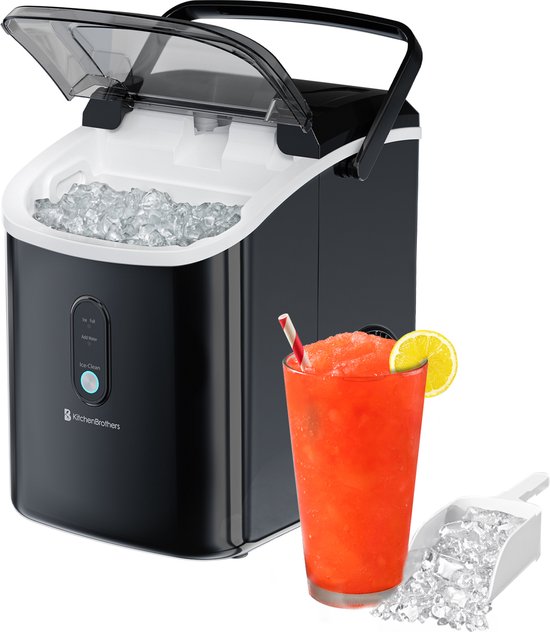KitchenBrothers Nugget IJsblokjesmachine - 1.1L - Crushed Ice Maker met IJsschep – Draagbaar – 15kg/24 uur - Zwart
