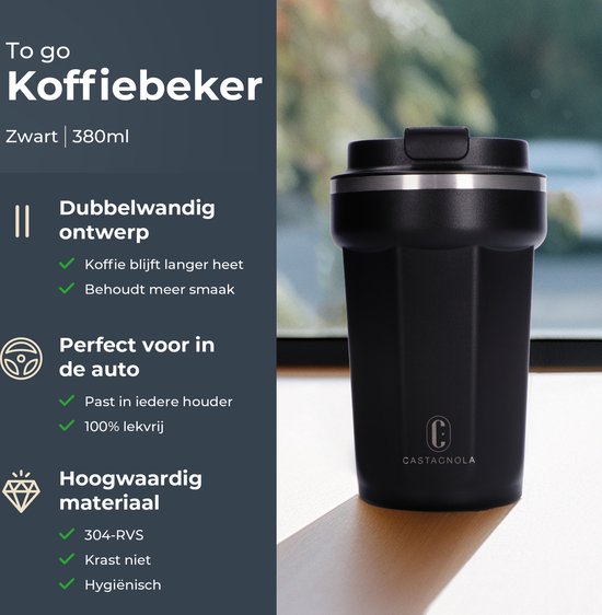Castagnola Thermosbeker - Koffiebeker To Go - Travel Mug voor Koffie en Thee - Theebeker - 380 ML - RVS - Zwart - Octagon
