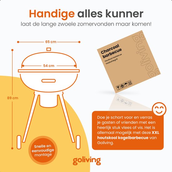 Goliving Houtskool Barbecue - Ø54 cm - Inclusief Accessoires - Houtskoolbarbecues op Wielen - XXL BBQ met Deksel - Rond - 65 x 89 cm - Zwart - Metaal