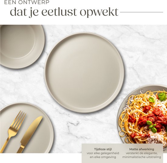 tectake® Serviesset Una - 24-delig - Aardewerk - 6 Persoons - Stijlvol en Duurzaam Servies - Bordenset met Grote en Kleine Borden, Kommen, Schaaltjes - Taupe