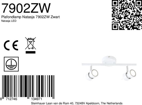 Spot Natasja 7902ZW zwarte 2-lichts spot van metaal met dimbare GU10 fittingen voor binnen in modern design