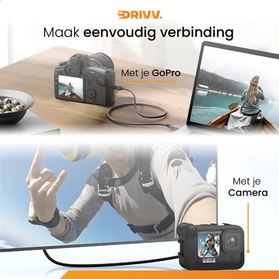 Drivv. Premium Micro HDMI naar HDMI Kabel 2.1 - 8K 60Hz / 4K 120Hz Ultra HD - Geschikt voor Camera, GoPro, Computers - 1 meter - Grijs