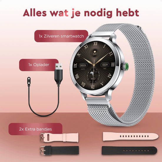 Golden Sound - Smartwatch Dames - 40mm - Stappenteller - Slaapmonitor - Saturatiemeter - Hartslagmeter - Zilver