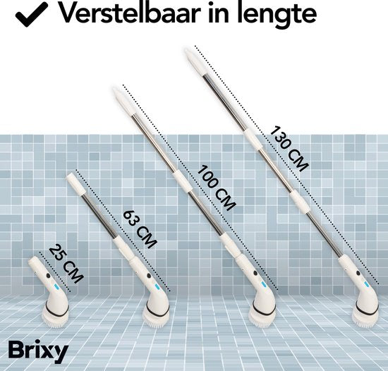 Brixy Elektrische Schoonmaakborstel - Uitschuifbare Schrobborstel - Draadloos - 8 Opzetstukken - Schrobber - Wit