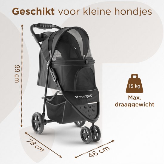 TrevoPet® Inklapbare Hondenbuggy - Voor Kleine en Middelgrote Honden tot 15 kg - Waterafstotend met Bekerhouder, Opbergmand - Zwart