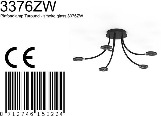 Plafonnieres Turound 3376ZW Zwart - Draaibaar en kantelbaar, van glas en metaal, Ø 91,5 cm, Steinhauer