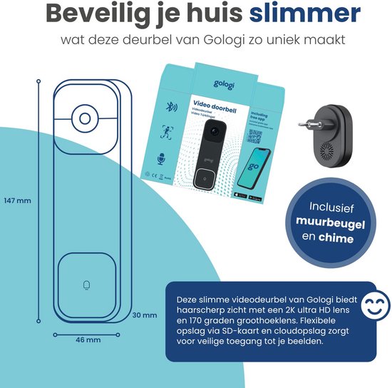 Gologi Video Deurbel - Slimme Deurbel met Camera en WiFi - HD Video Kwaliteit - Draadloos op Accu - Inclusief Muurbeugel en Chime - Night Vision - Waterdicht - Zwart