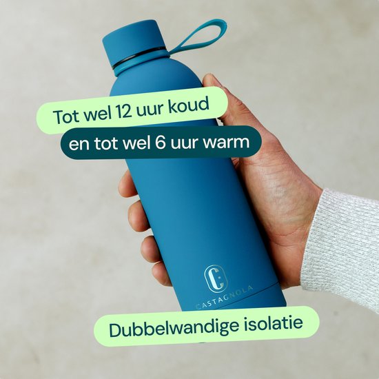 Castagnola Waterfles - RVS Drinkfles 500 ML - Stalen Thermosfles - Drinkflessen voor Volwassenen - Dubbelwandig - Helderblauw