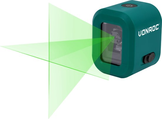 VONROC kruislijnlaser– Groen – 4V accu– 1800mah - Zelfnivellerend – 18 meter bereik – Incl. bevestigingsbeugel, USB-C kabel & opbergtas