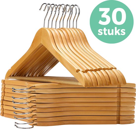 LifeGoods Kledinghangers - Met Broeklat - Hardhout - Natural - 30 Stuks