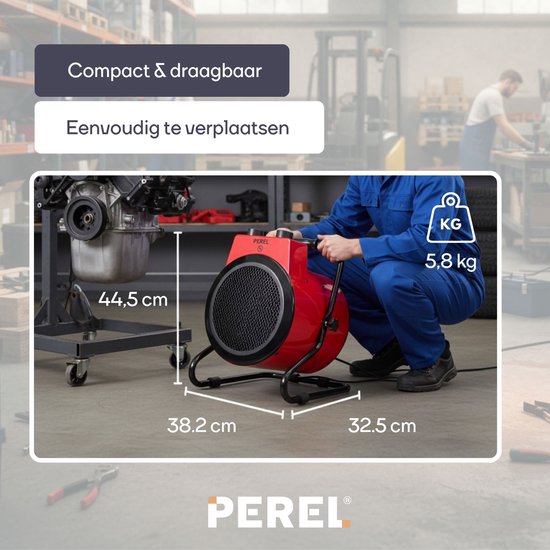 Perel Elektrische ventilatorkachel 3000W, 2 warmtestanden, thermostaat en koelstand, IP24, oververhittings- en kantelbeveiliging, compacte draagbare heater voor werkplaats, garage, schuur