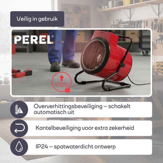 Perel Elektrische ventilatorkachel 3000W, 2 warmtestanden, thermostaat en koelstand, IP24, oververhittings- en kantelbeveiliging, compacte draagbare heater voor werkplaats, garage, schuur