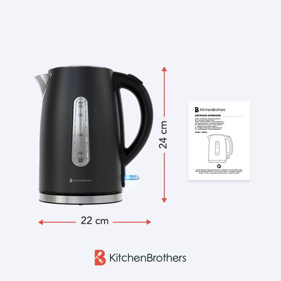 KitchenBrothers Waterkoker - Elektrisch - 1,7L - 2200W - RVS Waterkoker - Zwart