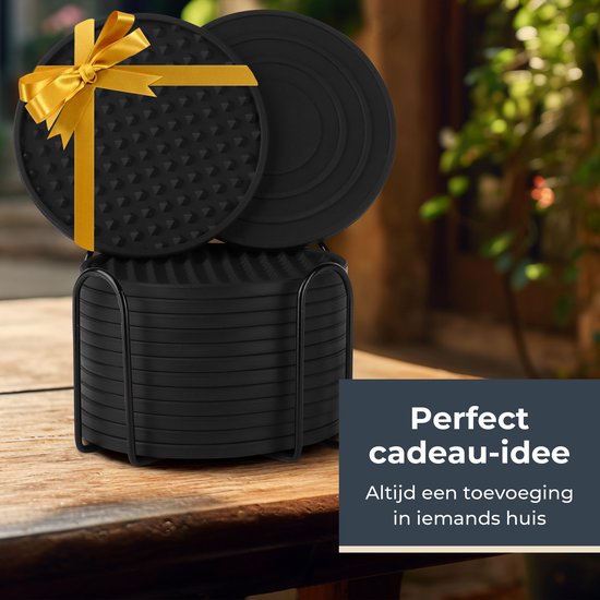 Castagnola Siliconen Onderzetters – Onderzetters voor Glazen – Design Onderzetters met Houder – Onderzettersset – Anti Slip - Set van 14 – Zwart