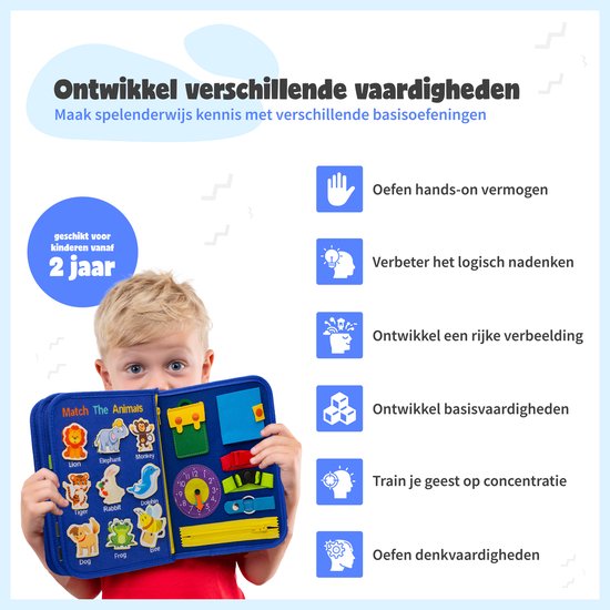 MontiPlay® Montessori Speelgoed - Sensorisch Speelgoed - Activiteitenbord - Busy Board - Montessori activiteitenboek voor thuis - Educatief - Sensomotorisch Speelgoed - Blauw
