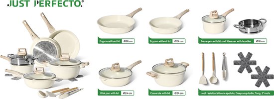JUST PERFECTO 14 Delige Pannenset Inductie Met Deksel - Granieten Frying Pan Antiaanbaklaag Pannenset - Niet Giftig Keramische Non Stick Koekenpannen - Pannen Compatibel Met Alle Fornuizen