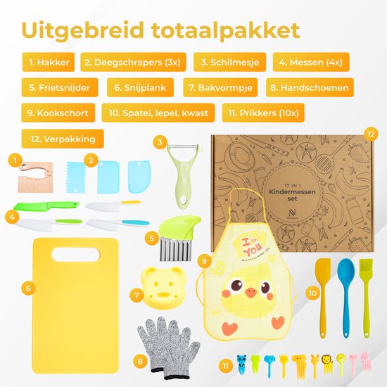 Nuvance - Kindermessenset - 17-Delige Kookset - Kiddikutter - Kinderbestek met Snijplank, Schilmesje, Kindermes, Frietsnijder & Kookschort - Kiddicutter - Koken voor Kinderen - Keukengerei