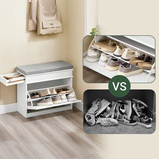 SoBuy FSR82-K-WG Schoenenkast entreebank – schoenenbank met toiletzitting en schoenenopbergkussen voor hal, woonkamer 61 x 24 x 51 cm, capaciteit 113 kg, wit antiek houteffect