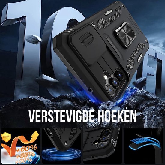Podec Hoesje geschikt voor Samsung Galaxy A56 / A36 / A37 - Zwart Telefoonhoesje - Anti-Shock Case Cover - Hybrid Armor Hoes met Kickstand Ring met Screenprotector