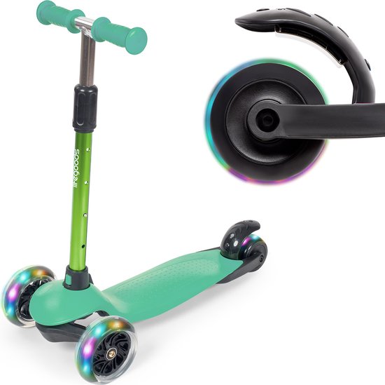 LifeGoods Kinderstep – 3 LED Wielen, Hoogte Verstelbaar – 55-69,5 cm – Muntgroen