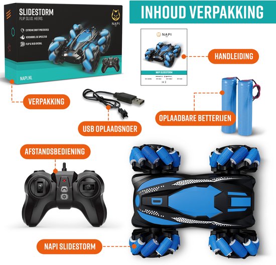 NAPI Bestuurbare Auto - RC Stunt Car met 2 Accu’s - Speelgoed Auto voor Jongens - Buitenspeelgoed - Race Autos - Speelgoedauto Buiten - Radiografisch - Slidestorm