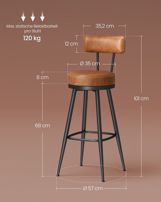 Barkruk – Set van 2 – Draaibare rugleuning – 65cm hoog- Karamelbruin