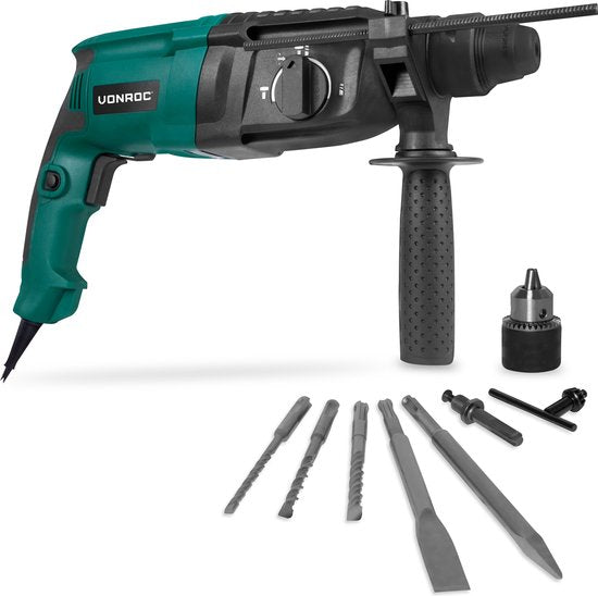 VONROC Boorhamer 800W – 3 Joule – SDS plus – 4 functies – Incl. tandkransboorkop en accessoires