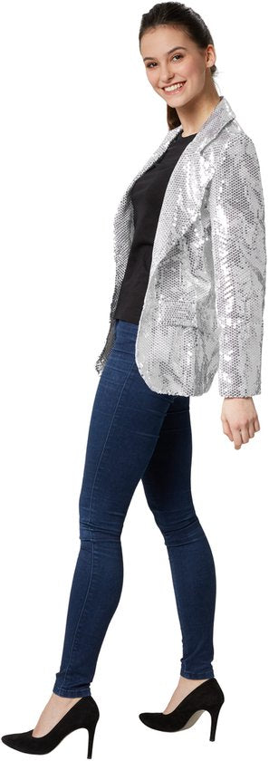 Dressforfun Paillettenjas dames zilver XL - verkleedkleding kostuum halloween verkleden feestkleding carnavalskleding carnaval feestkledij partykleding - 303854