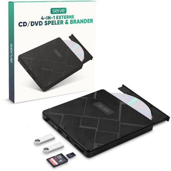Serve 4-in-1 Externe CD / DVD Speler & Brander voor PC, Laptop & Mac iOS - Plug & Play - SD & Micro SD Kaartsleuf + USB Hub