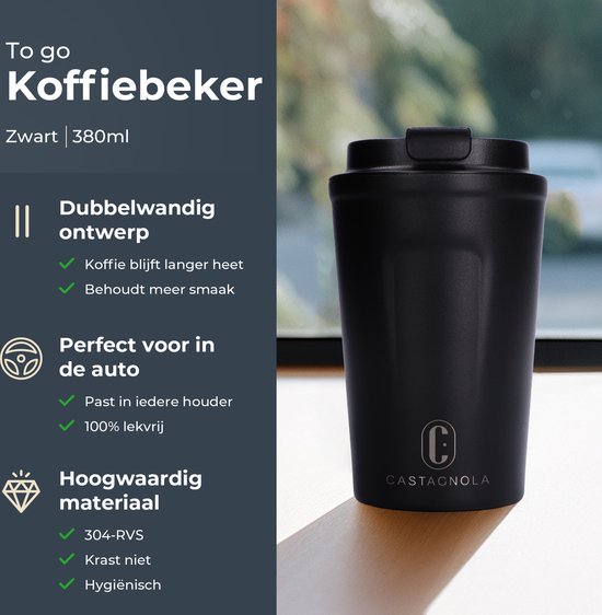 Castagnola Thermosbeker - Koffiebeker To Go - Reis Mok voor Koffie en Thee - Theebeker - 380 ML - RVS - Zwart
