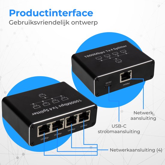 Nuvance Internet Splitter - 4 Poorten - Netwerk Switch - tot 1000Mbps - Netwerk Splitter - RJ45 Cat5 Cat6 LAN UTP Ethernet