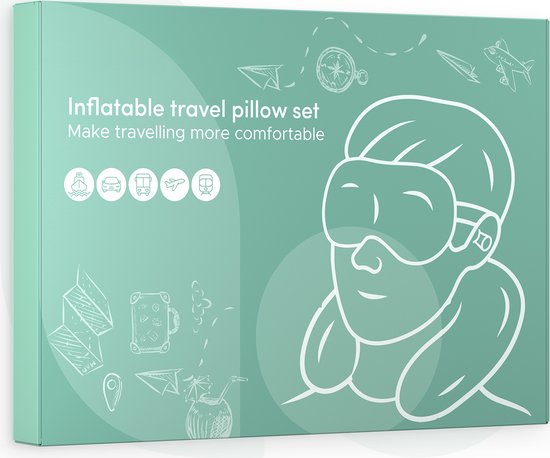 Opblaasbaar Nekkussen set 3 in 1 met Opbergtasje - Vliegtuig Kussen - Reiskussentje - Fluweel - U-Vorm – Inclusief slaapmasker en oordoppen – Blauw