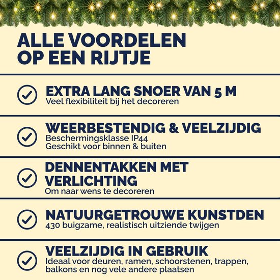 Casaria Kerstguirlande - 5m 100 LED´s-Dennennaalden Groen – Warm wit