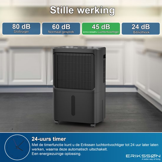 Erikssøn Luchtontvochtiger Dry Pro Plus - Ontvochtigt Tot 16 Liter Per Dag - Was-droog Functie - Geschikt Voor Huis, Slaapkamer , Badkamer , Woonkamer En Kelder - Dehumidifier - Zwart