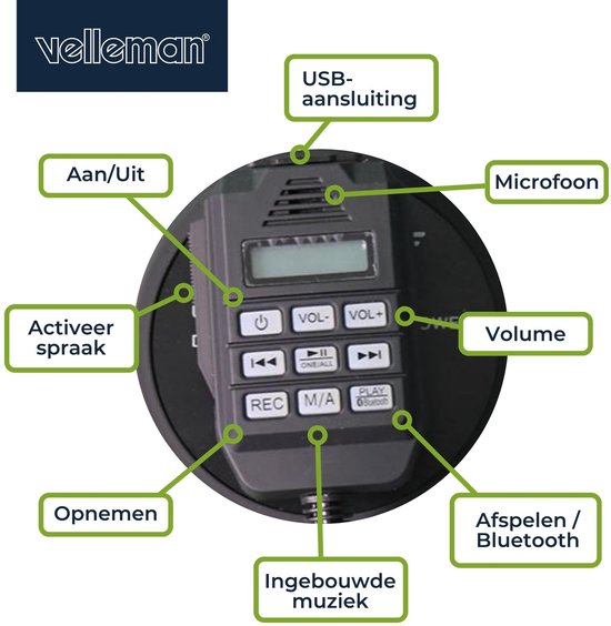 Velleman Megafoonset 50W met sirene, inclusief batterijen, 700s opname, volumeregeling, Bluetooth, USB, handmicrofoon, 1200m bereik, 120dB, draagbaar ABS design, mat zwart