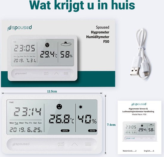 Spoused Digitale Hygrometer - Thermometer voor binnen - Luchtvochtigheidsmeter - Weerstation - Wit